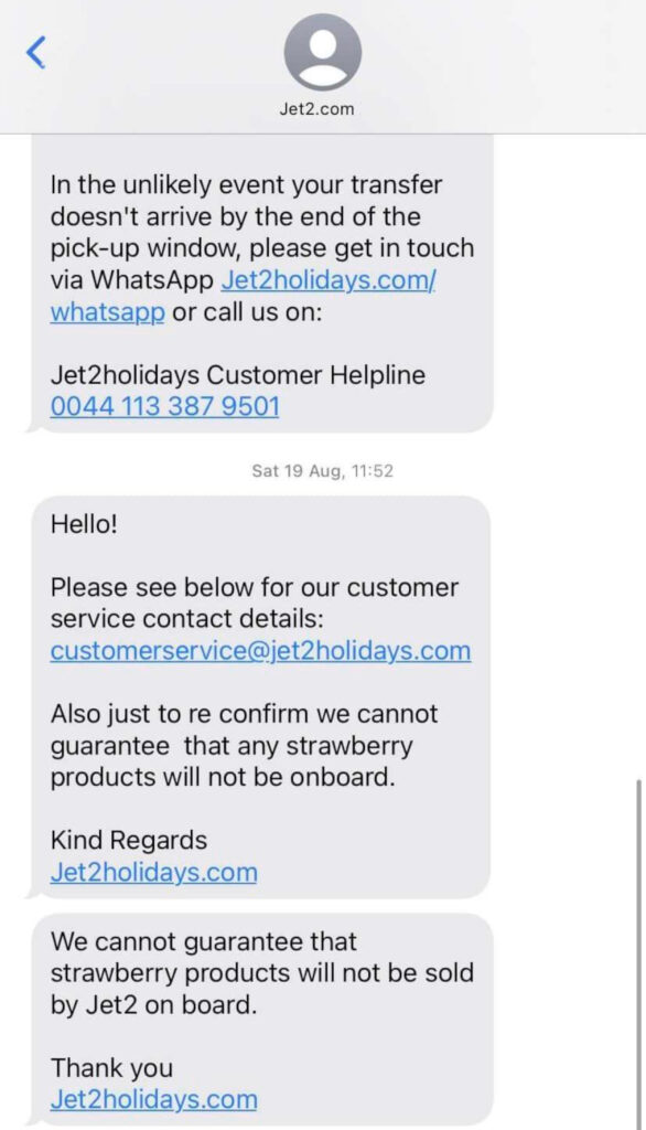 A text allegedly from Jet2.